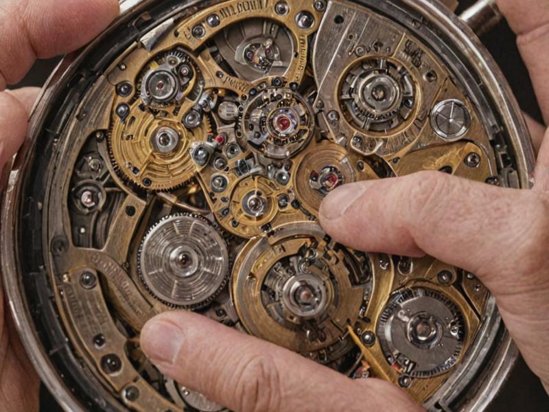Master horologist examining vintage watch movement under magnification