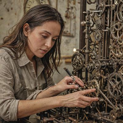 Maria Santos examining antique clock mechanism